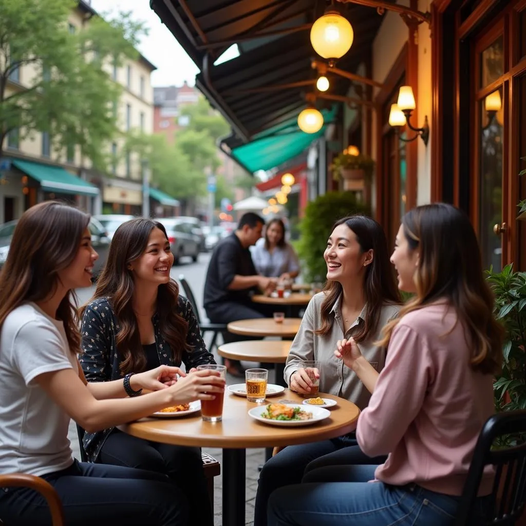 Group of Friends Chatting After a Meal at a Hanoi Cafe