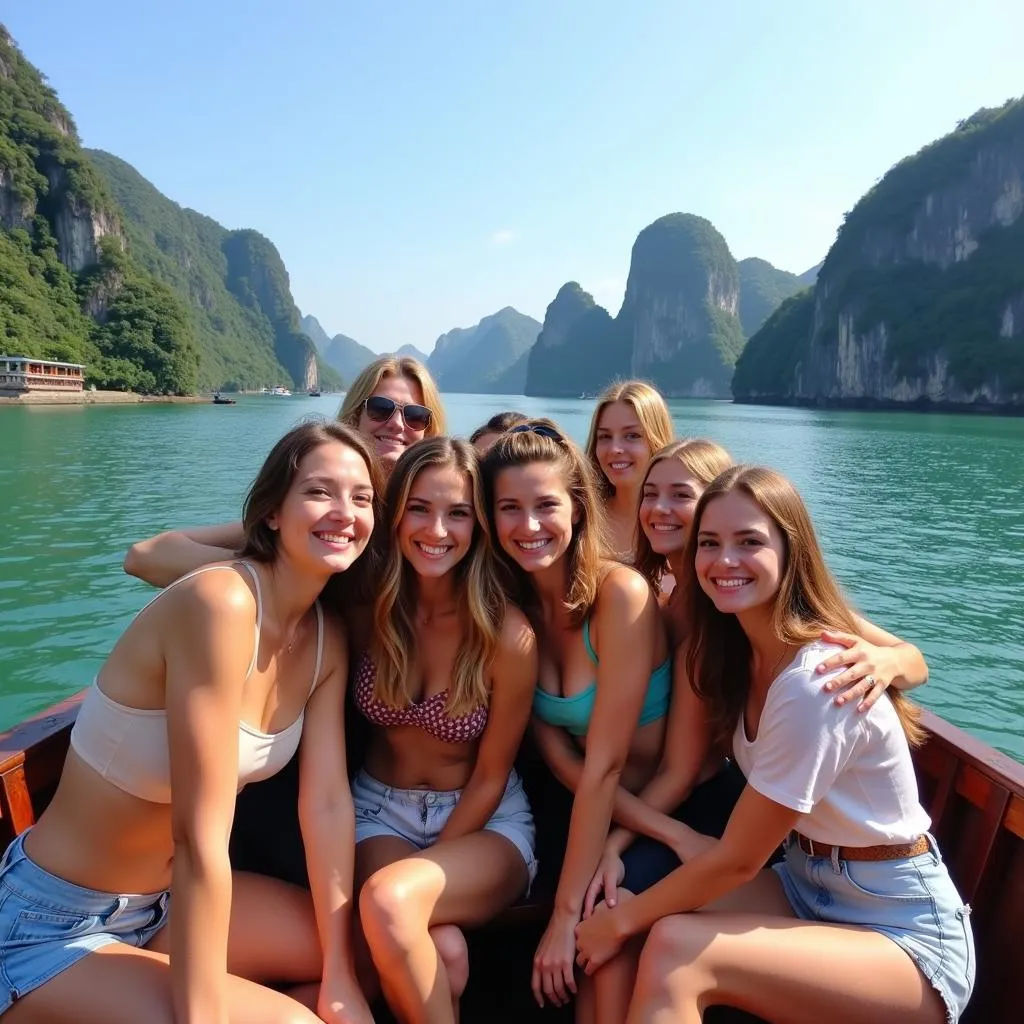 Group of friends enjoying a boat trip in Ha Long Bay