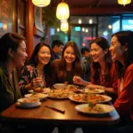 Group of friends enjoying offal dishes in Hanoi