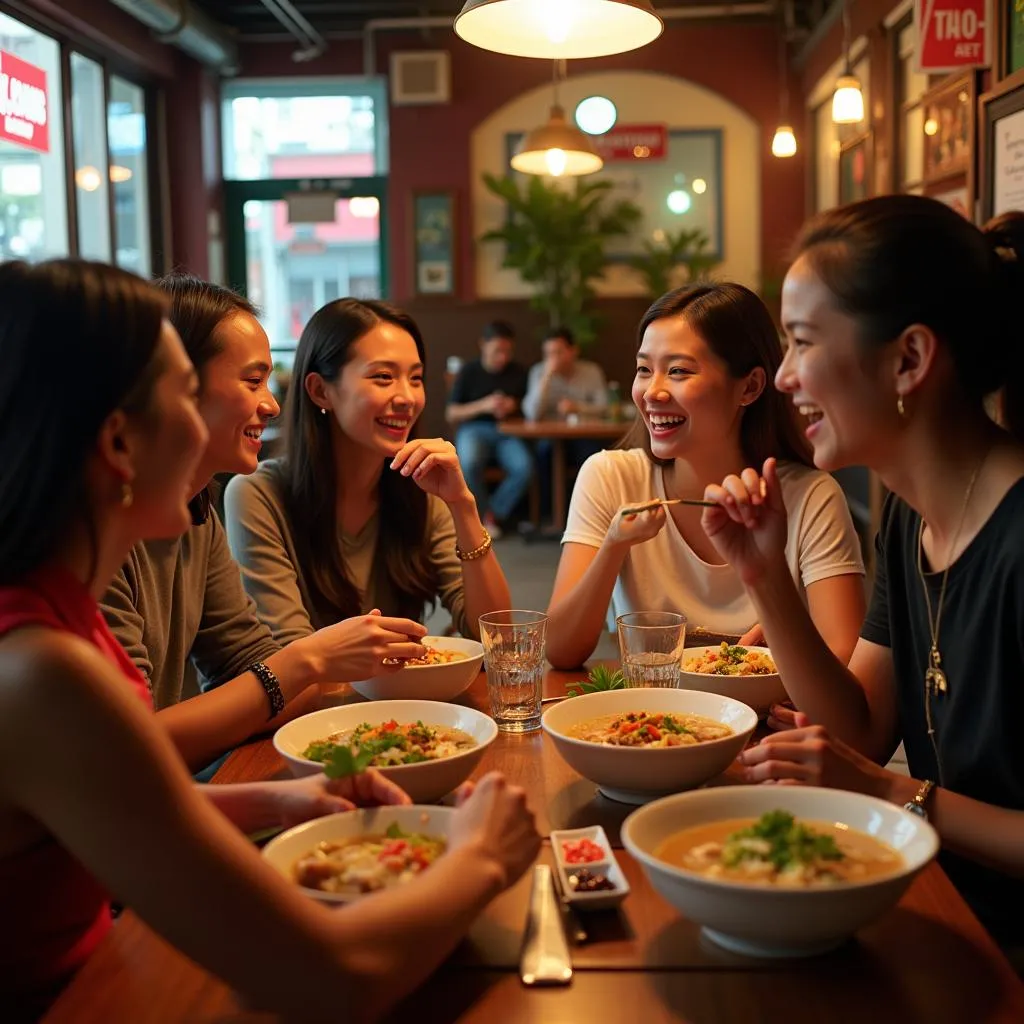 A group of friends enjoying a meal of pho together in a local Hanoi restaurant.