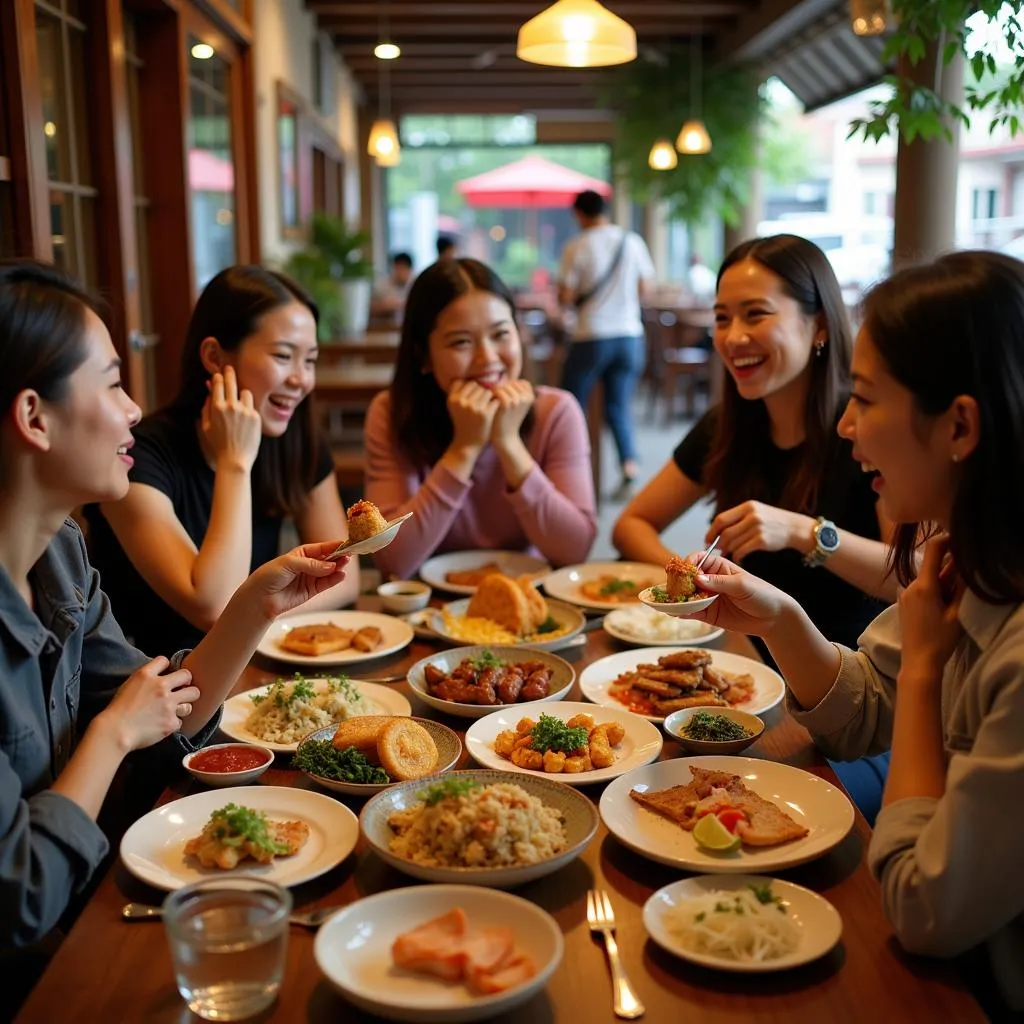 Friends enjoying a meal together at a Vietnamese restaurant