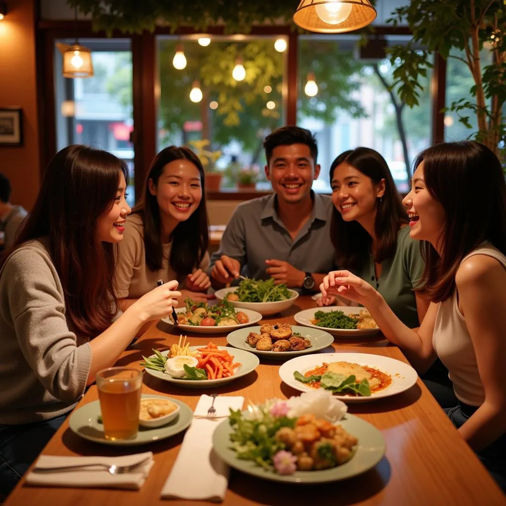 Group of friends enjoying Vietnamese food in Hanoi