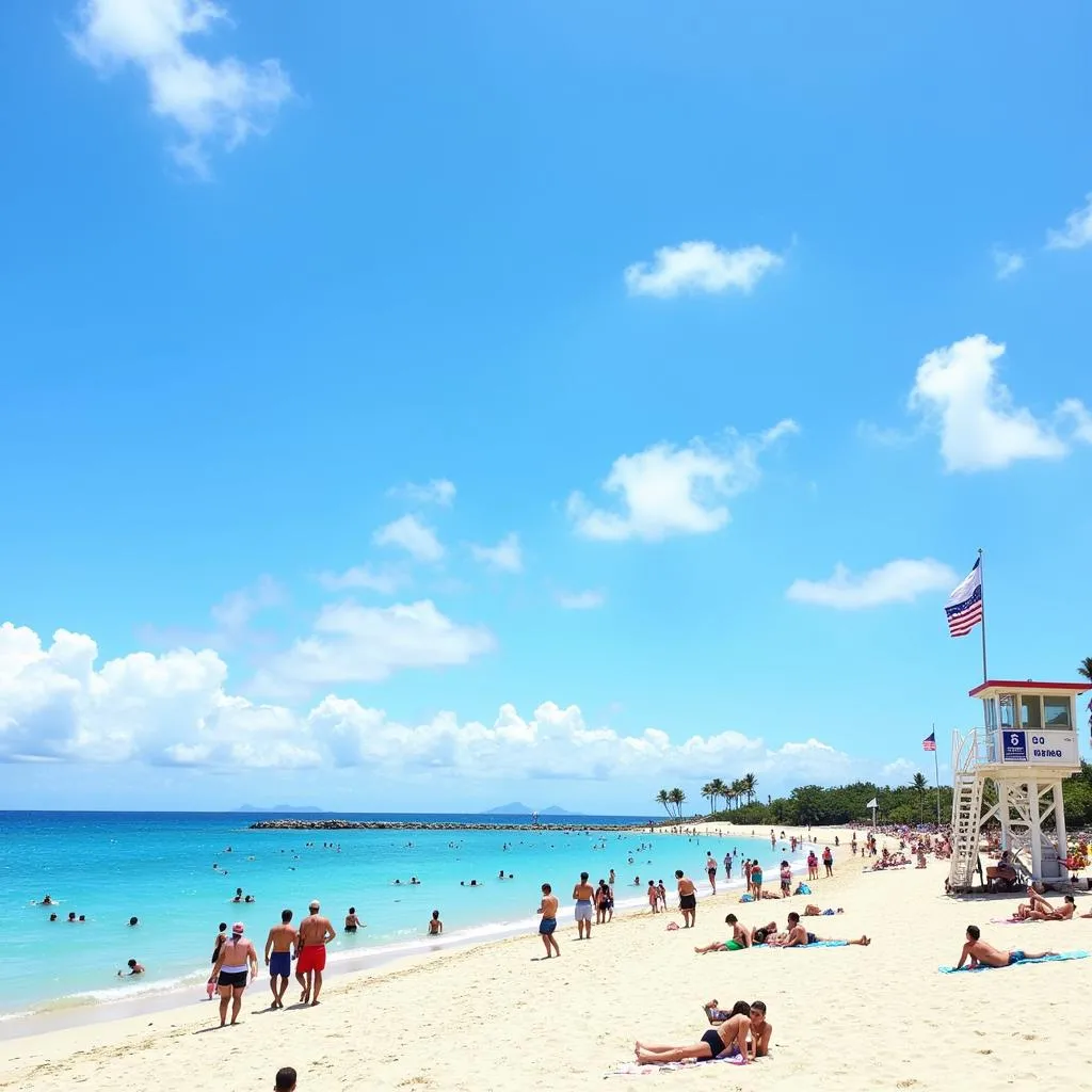 Tourists enjoying the beach in Guam while following safety guidelines.