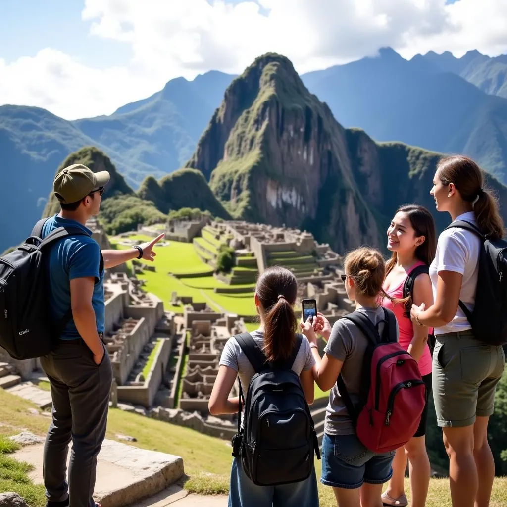 Tourists exploring Machu Picchu with a guide