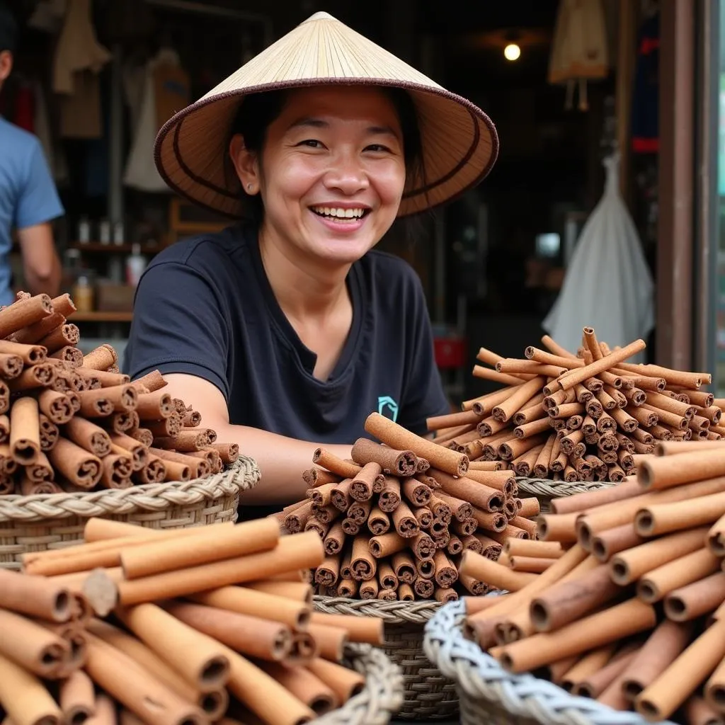 Local vendor selling cinnamon at Hang Be Market