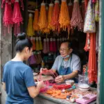 Silk velvet wire for sale at a traditional shop on Hang Gai Street, Hanoi