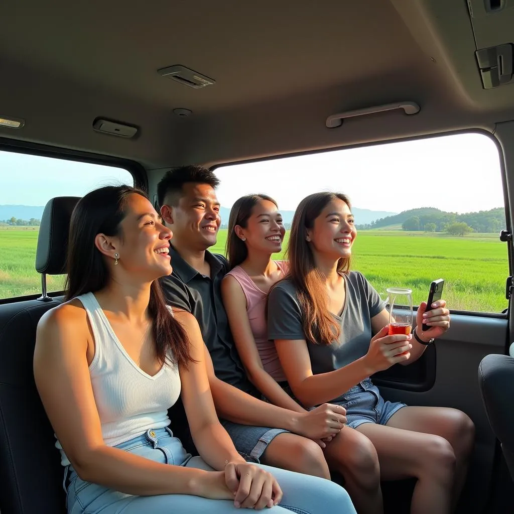 Family enjoying a scenic drive in their rented 7-seater car near Hanoi