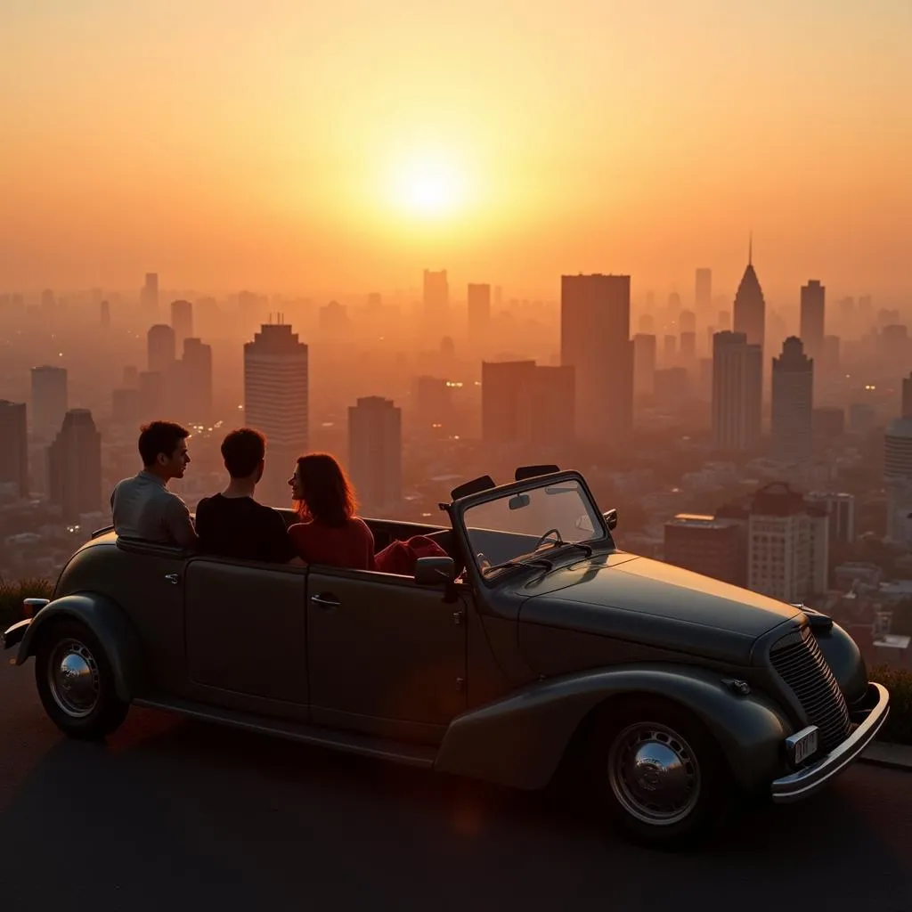 Couples enjoying the sunset view from their parked 7-seater car in Hanoi