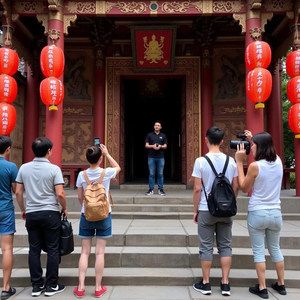 Tourists exploring an ancient temple in Hanoi