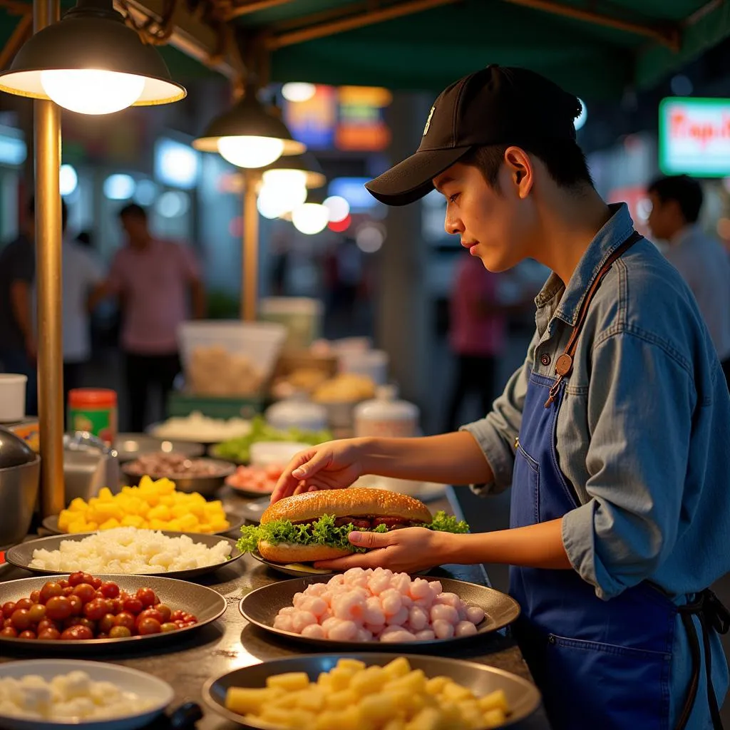 A street vendor making banh mi in Hanoi