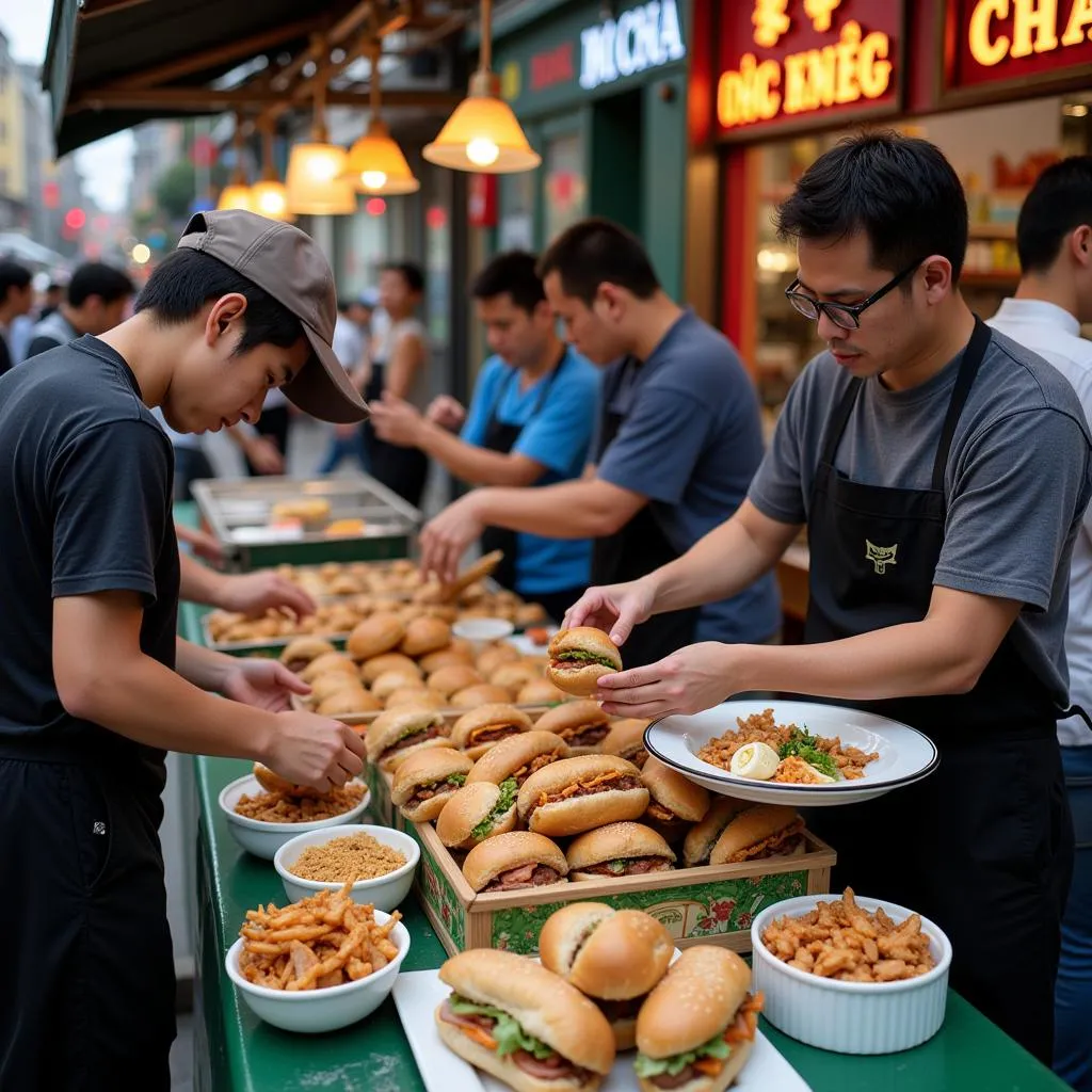 Busy Banh Mi stall in Hanoi