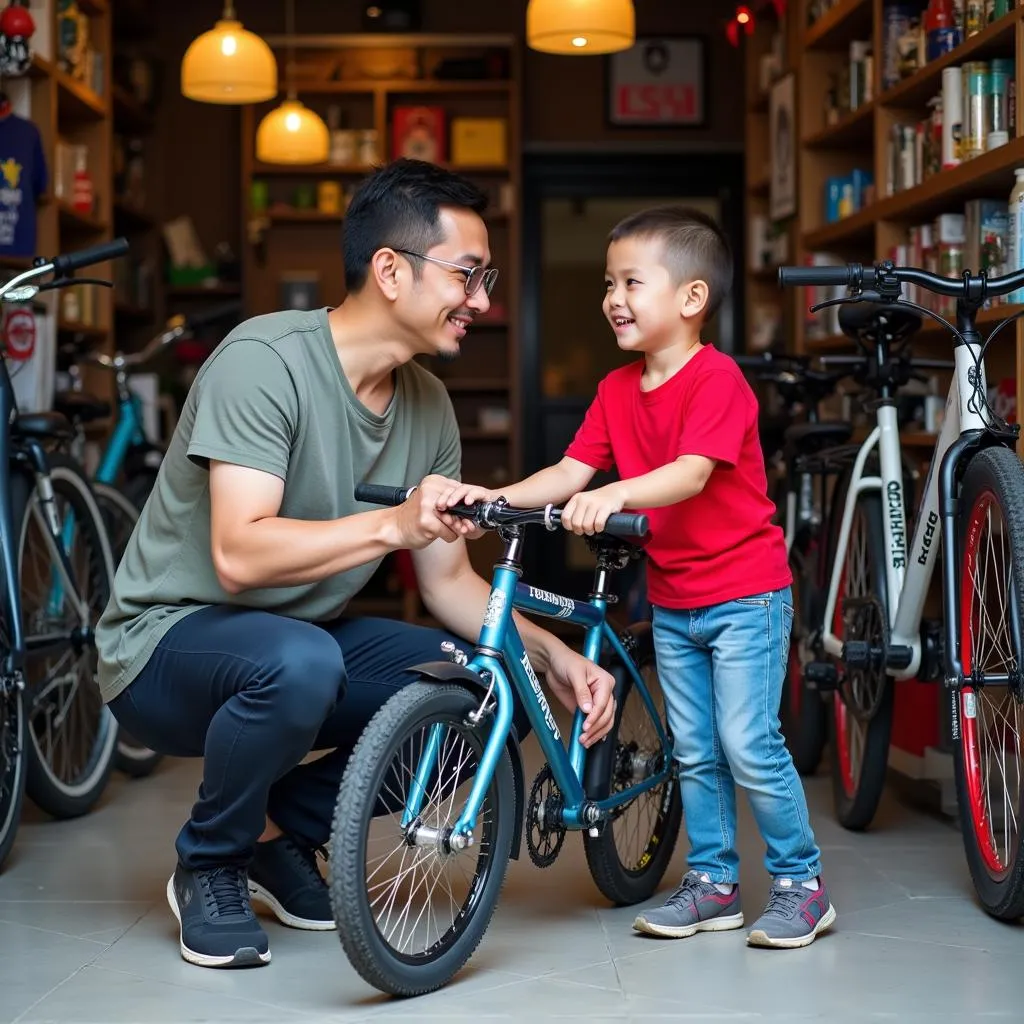 A friendly Hanoi bike shop owner helping a young boy choose a bike