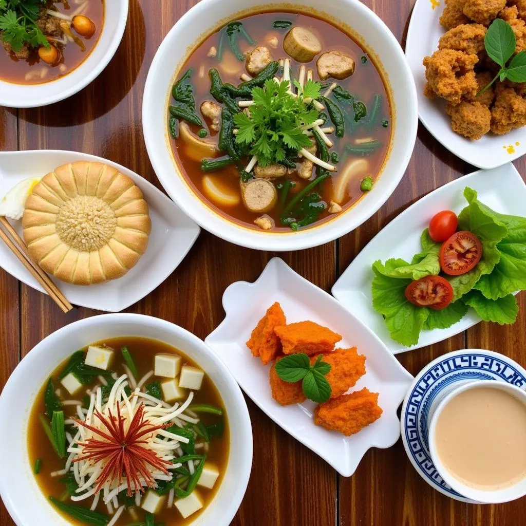 A table laden with various Hanoi breakfast dishes