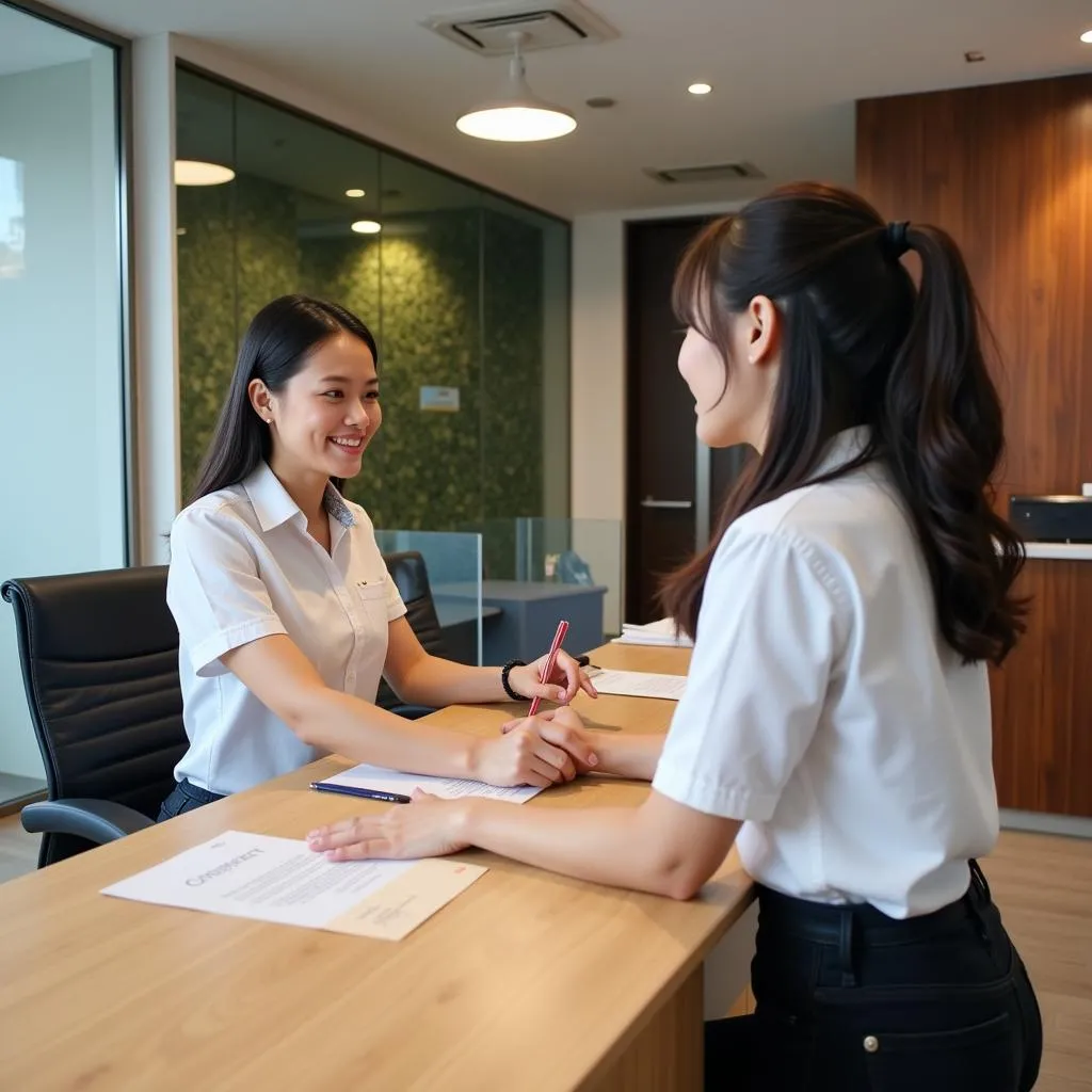 Smiling customer service representative at a bus rental company office in Hanoi