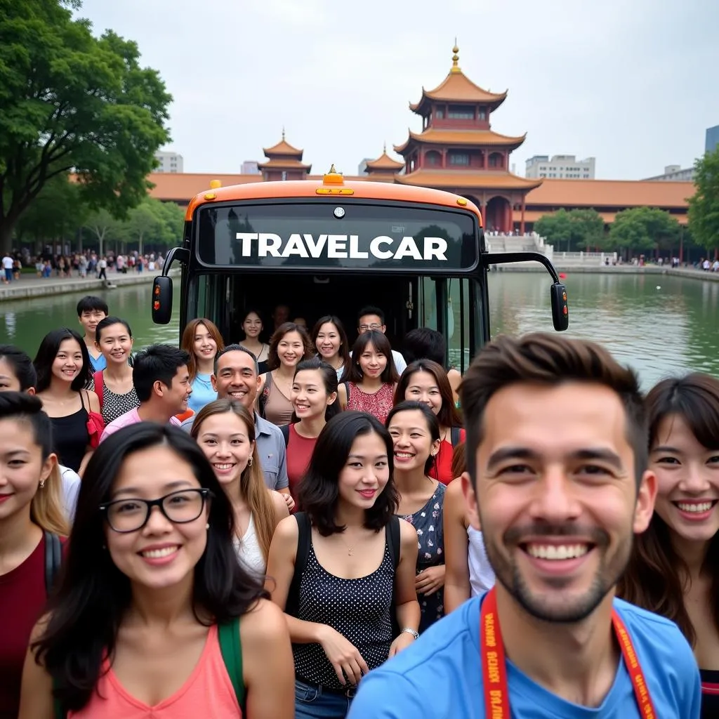 A group of tourists on a guided bus tour in Hanoi