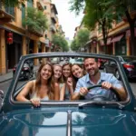 Group of friends exploring Hanoi's Old Quarter in a rented car with a driver