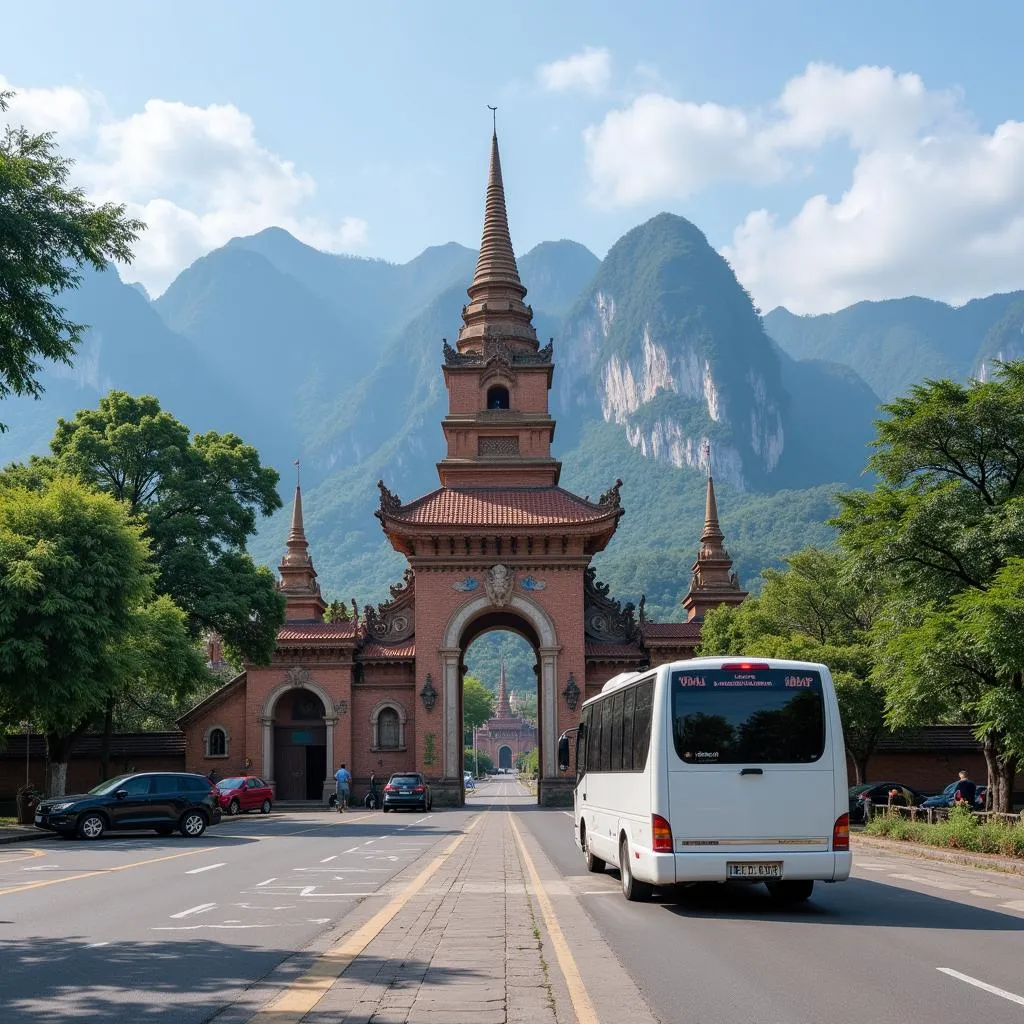 Hanoi charter bus rental parked near Perfume Pagoda entrance