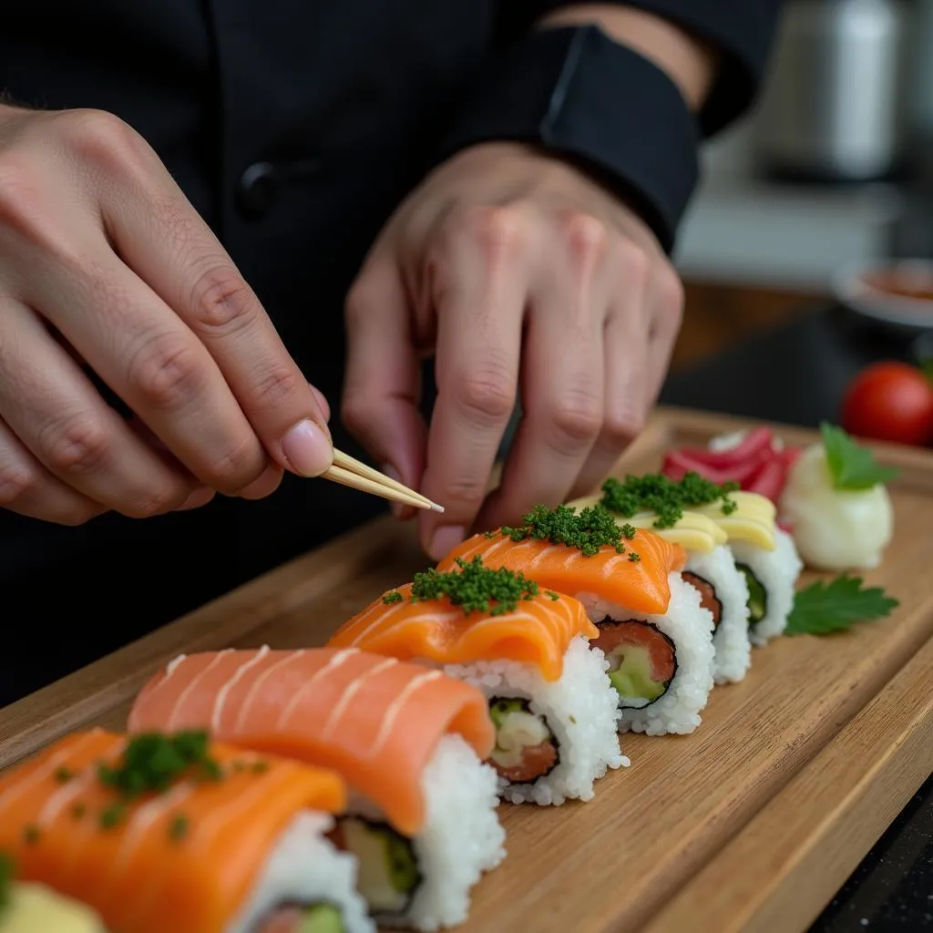 Hanoi chef preparing delicate sushi