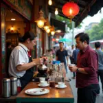 A bustling coffee stall in Hanoi.