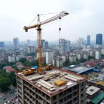 Construction site in Hanoi with a crane operating in the background