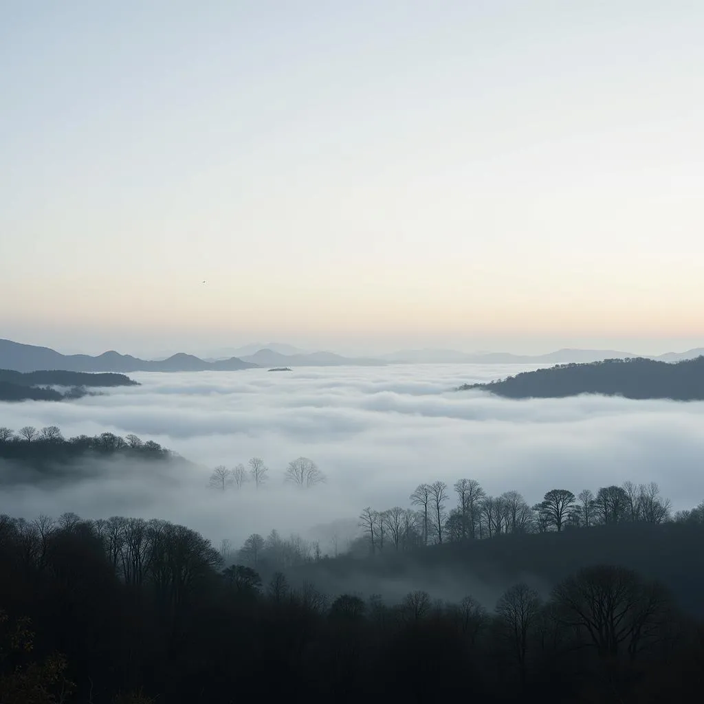 Hanoi countryside covered in winter fog