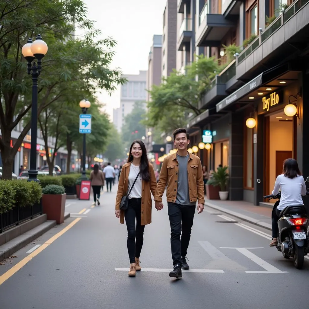 Couple exploring Tay Ho district