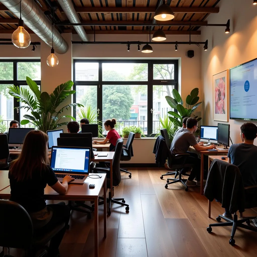 Modern co-working space with comfortable seating and computers