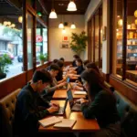 Cozy cafe interior with students studying