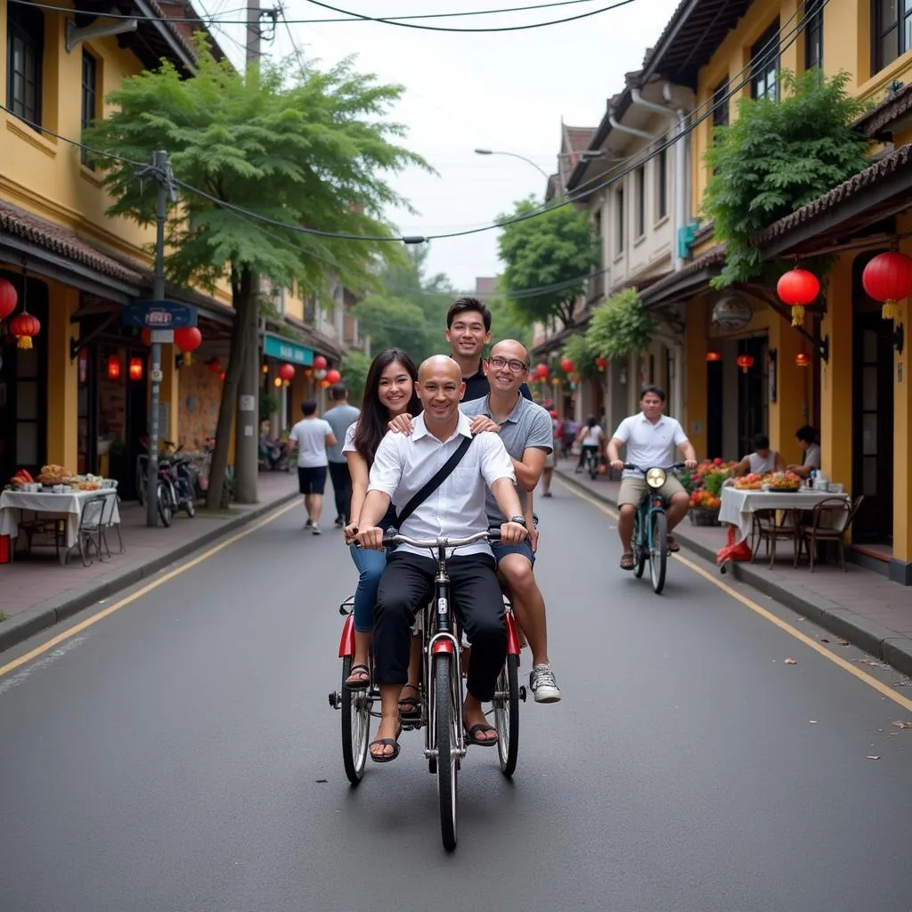 Tourists riding a cyclo in Hanoi Old Quarter