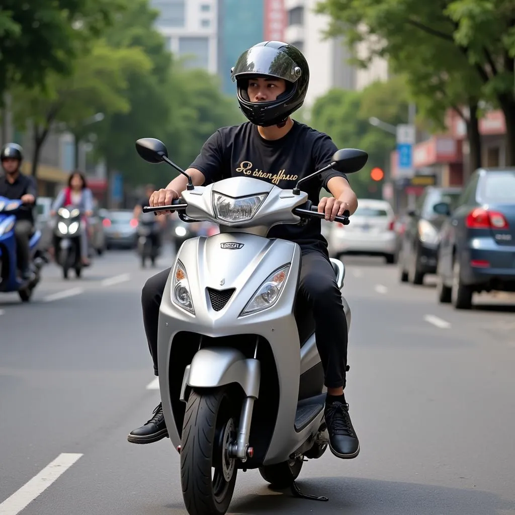 Wearing a helmet while riding an electric scooter in Hanoi