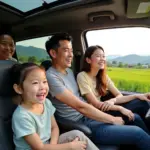 Family enjoying a car trip in Hanoi