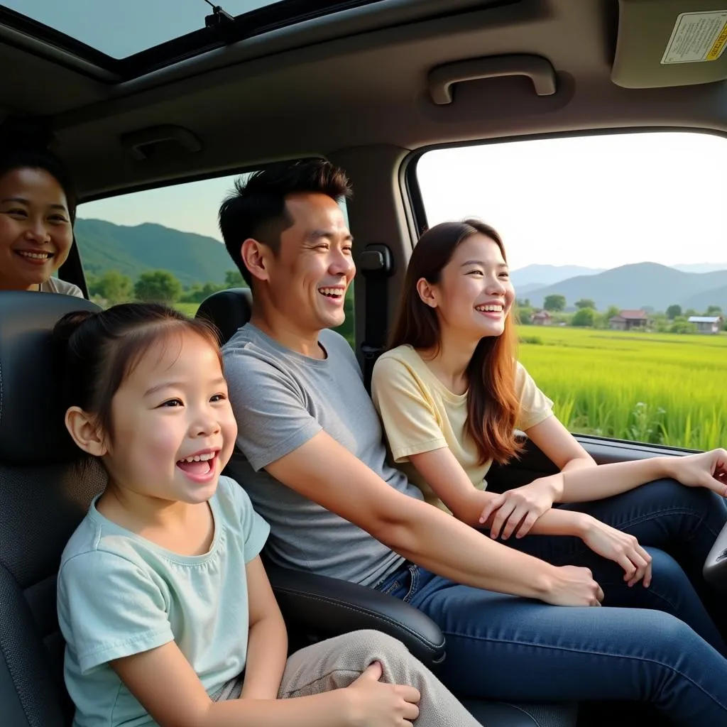 Family enjoying a car trip in Hanoi