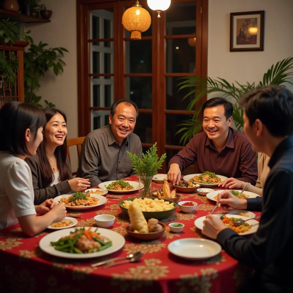 Vietnamese family enjoying a shared dinner in Hanoi