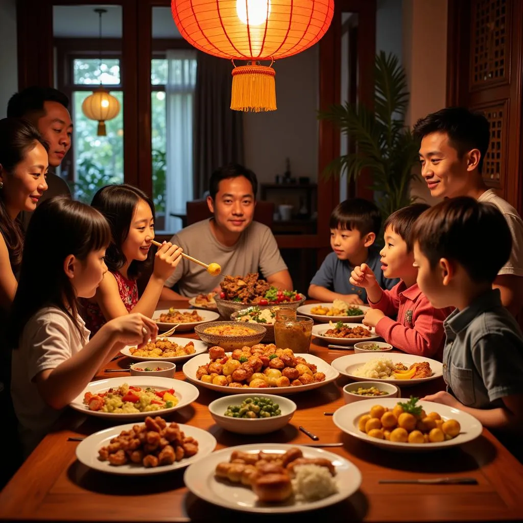 Family enjoying traditional Tet feast in Hanoi