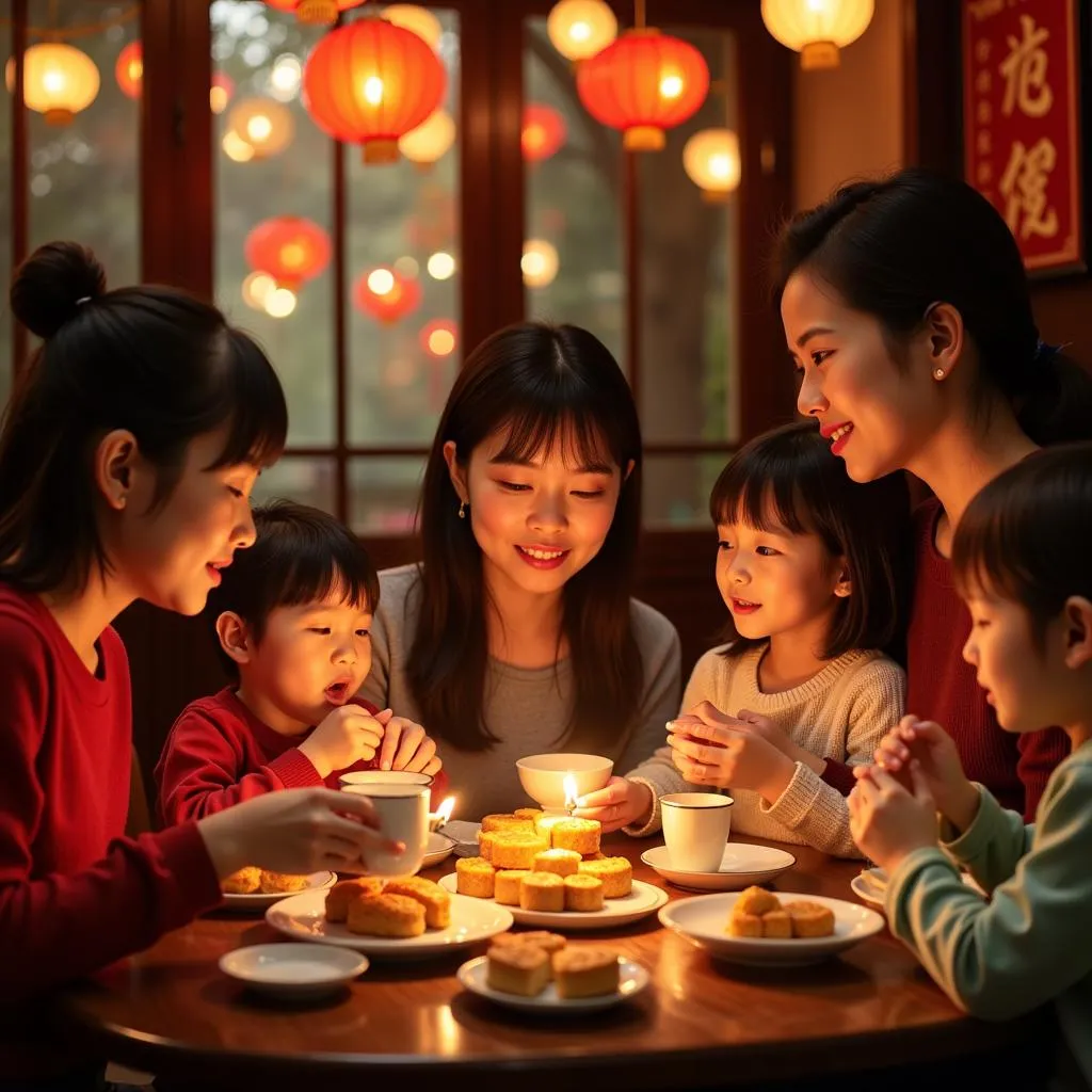 Hanoi family sharing mooncakes during Mid-Autumn Festival