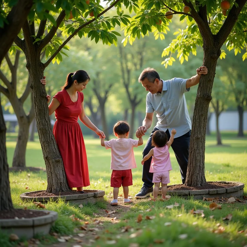 A Vietnamese family tending their fruit trees