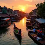 Sunrise over a bustling floating market in Hanoi