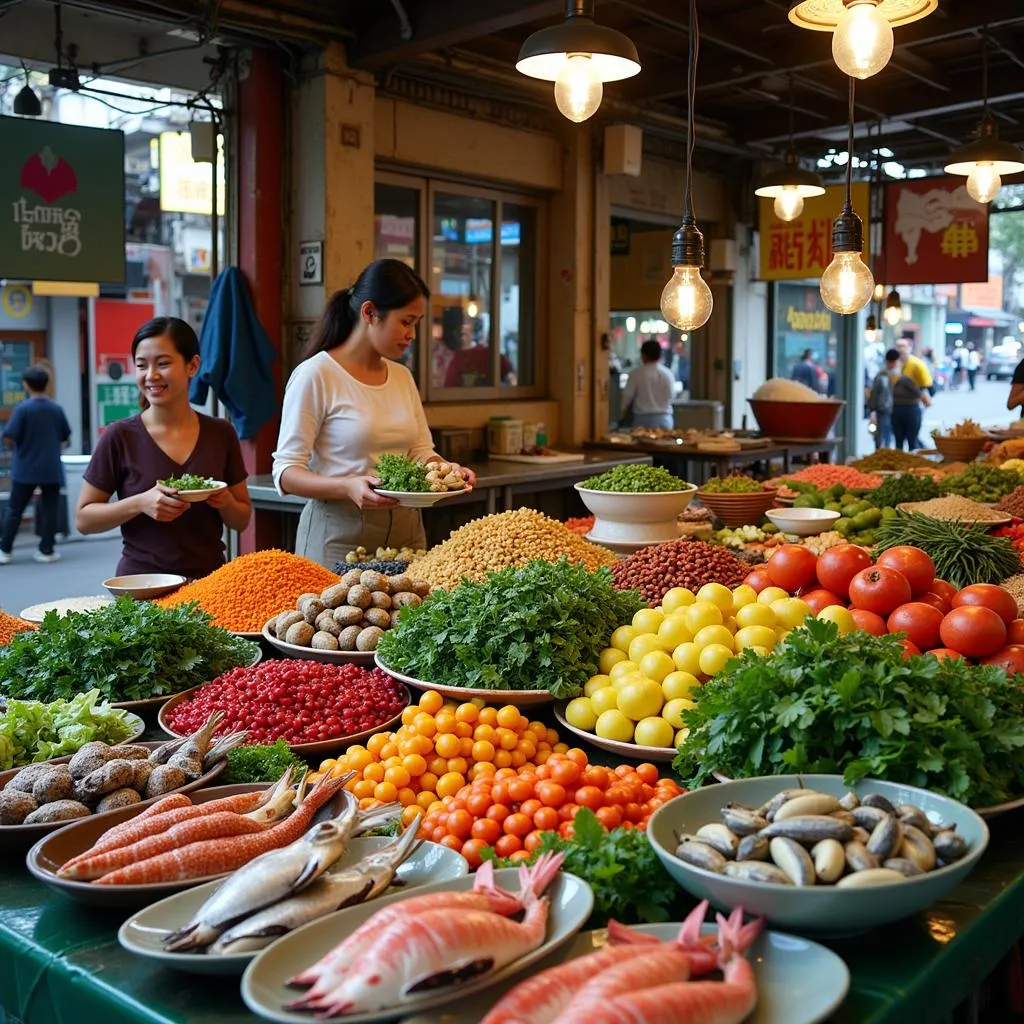 A vibrant Hanoi food market with fresh produce