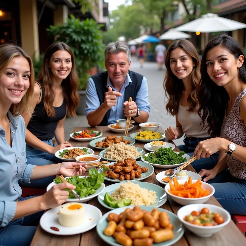 A group of tourists enjoying authentic Hanoi dishes on a food tour