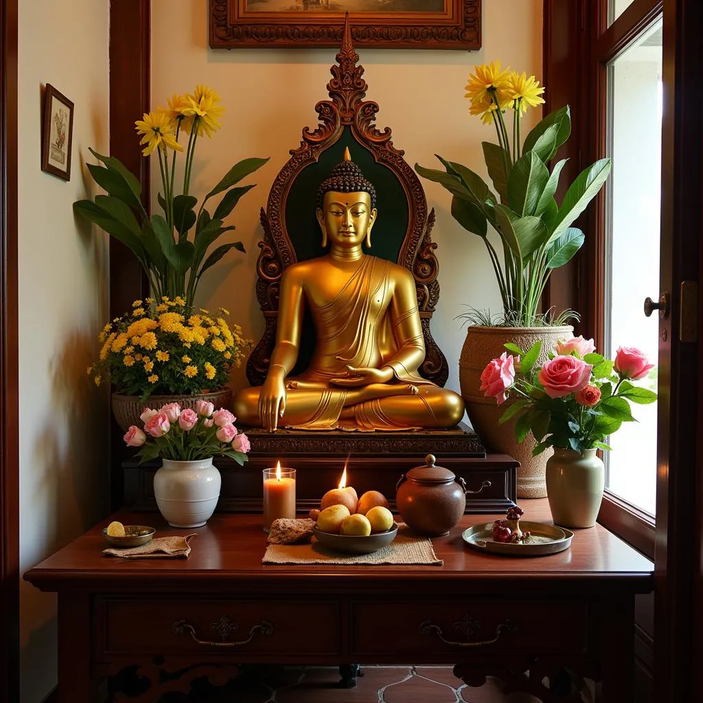 A home altar with a consecrated Buddha statue in Hanoi