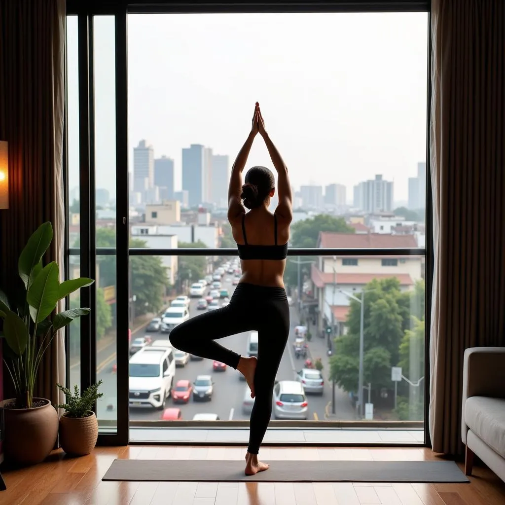 Woman practicing yoga in her Hanoi apartment