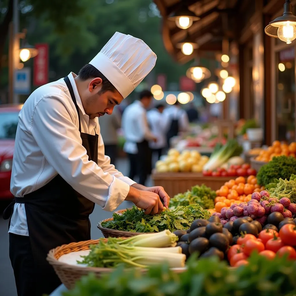 Experienced Hanoi hotel chef carefully selecting fresh vegetables at a local market