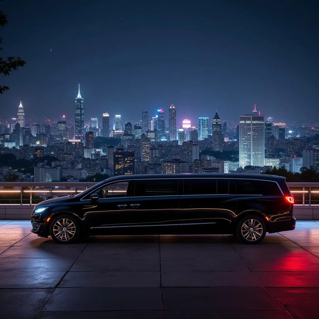 A limousine parked in front of a beautifully lit cityscape of Hanoi at night