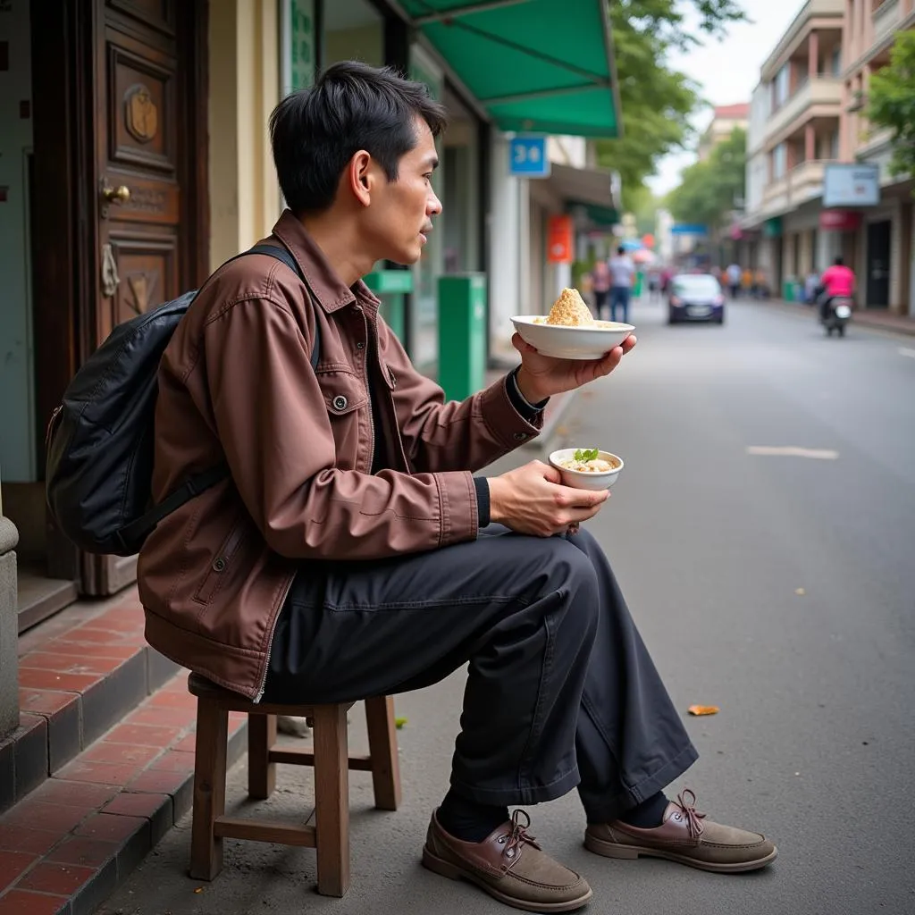 Hanoi local enjoying a bowl of mung bean soup