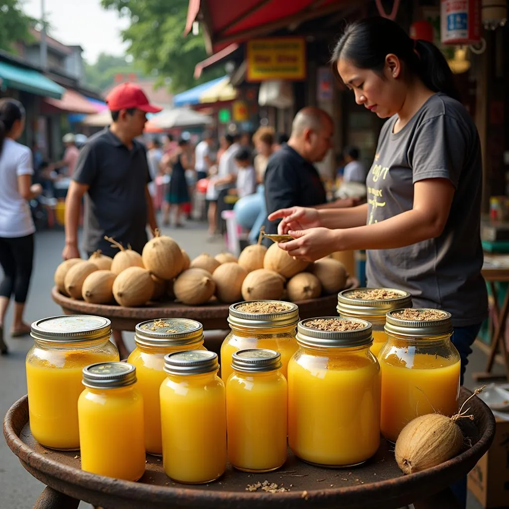 Local market vendor selling coconut oil