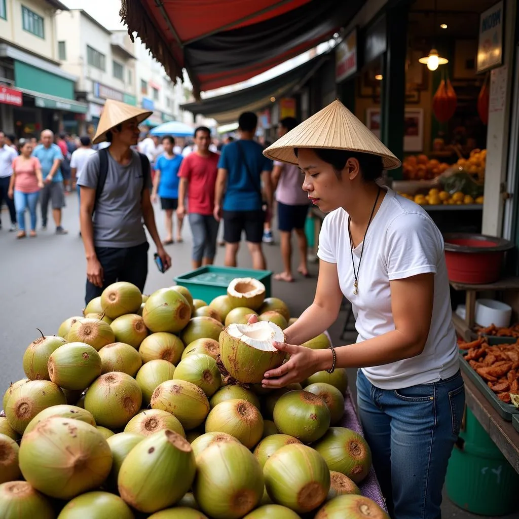 Hanoi local market coconut vendor