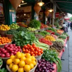 Local market in Hanoi with a vibrant display of fresh produce