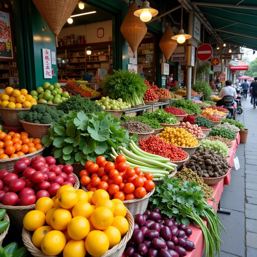 Local market in Hanoi with a vibrant display of fresh produce