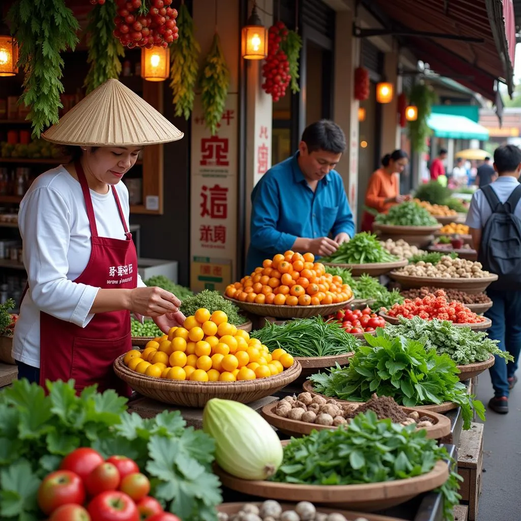 Local market in Hanoi with vendors selling fresh produce