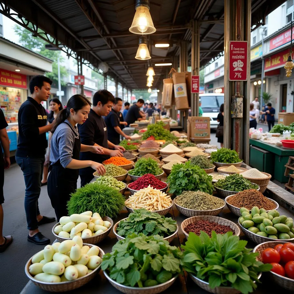 Hanoi local market with fresh ingredients